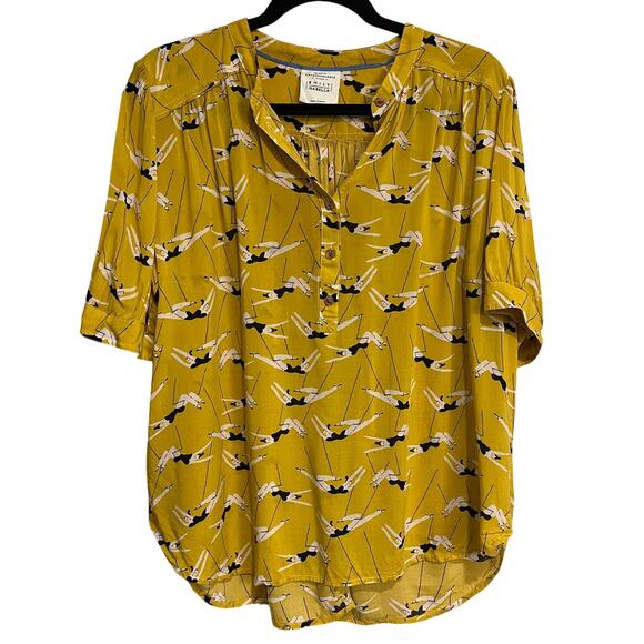 Anthropologie Top Emily Isabella Blouse Short Sleeve Shirt Yellow Trapeze Large - Picture 2 of 7
